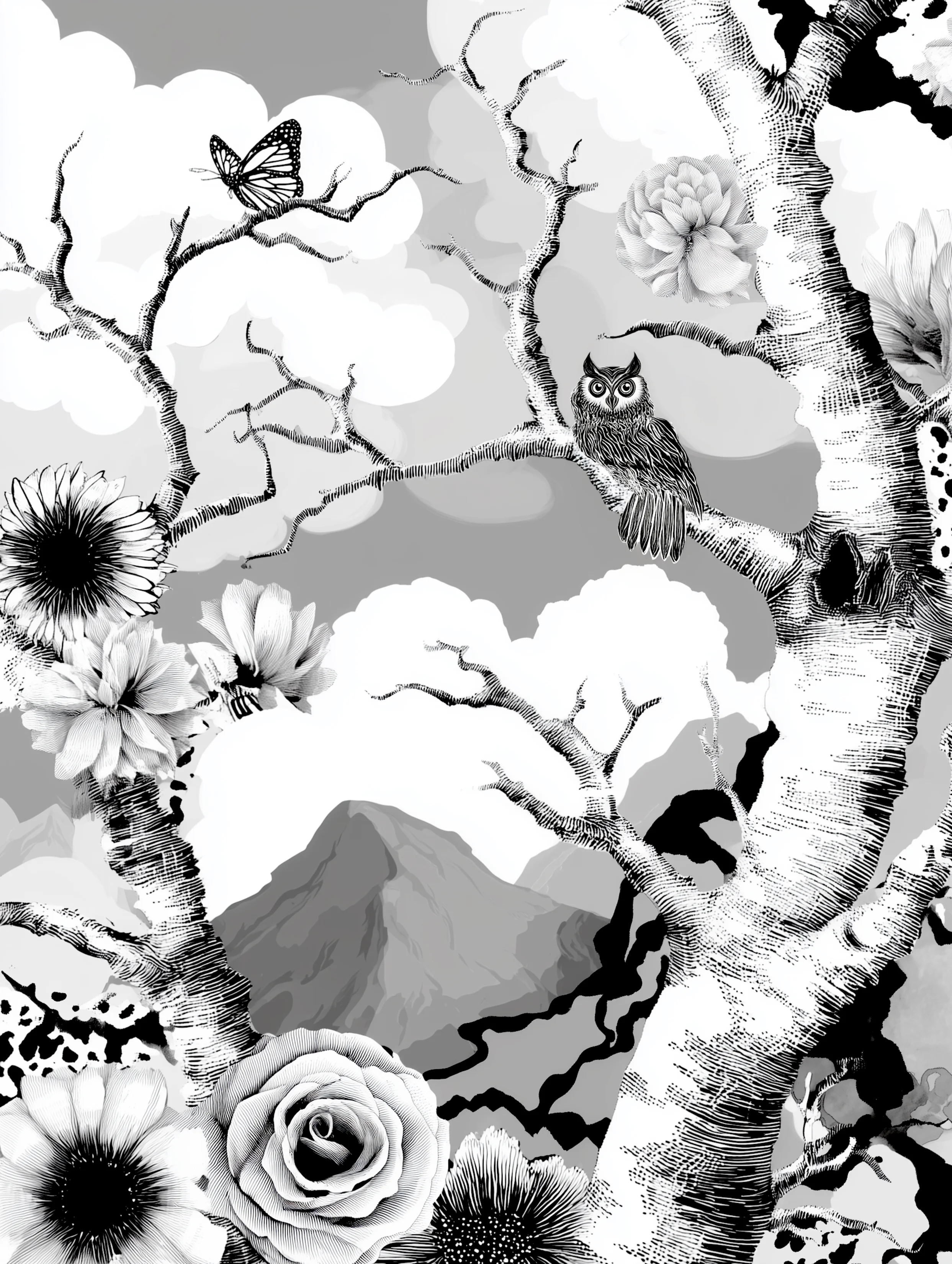 Free printable dead tree coloring page for adults featuring perched owl in a dead tree